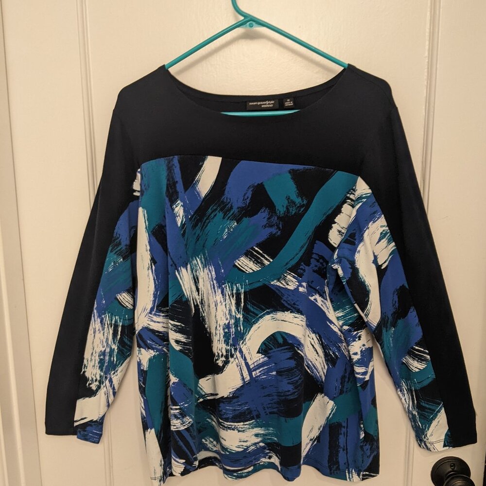 Susan Graver Weekend Tunic Top 1X Bold Print Stretch Cotton Boho Indie Y2K Artsy